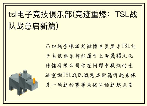 tsl电子竞技俱乐部(竞迹重燃：TSL战队战意启新篇)